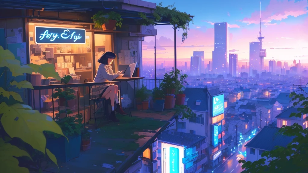 anime girl writing in a notebook leaning on a table, lofi girl, Arte Lofistyle, arte digital Ilya Kuvshinov, atey ghailan 8k, paisagem de Ilya Kuvshinov, overlooking a modern city, don't atey ghailan style, estética lofi girl, lofi art, inspired by Atey Ghailan, inspired by Liam Wong