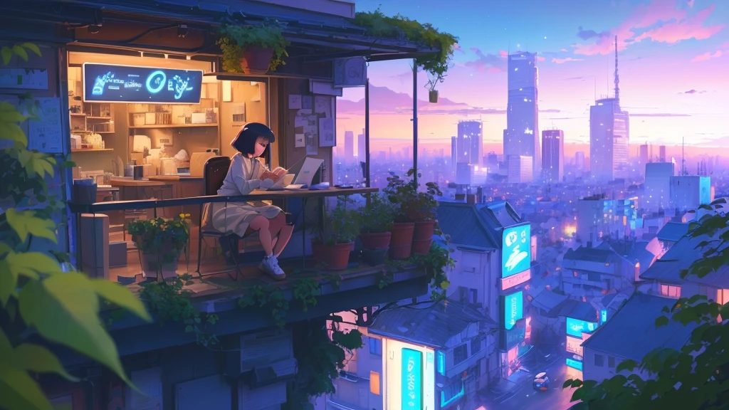 anime girl writing in a notebook leaning on a table, lofi girl, Arte Lofistyle, arte digital Ilya Kuvshinov, atey ghailan 8k, paisagem de Ilya Kuvshinov, overlooking a modern city, don&#39;t atey ghailan style, estética lofi girl, lofi art, inspired by Atey Ghailan, inspired by Liam Wong