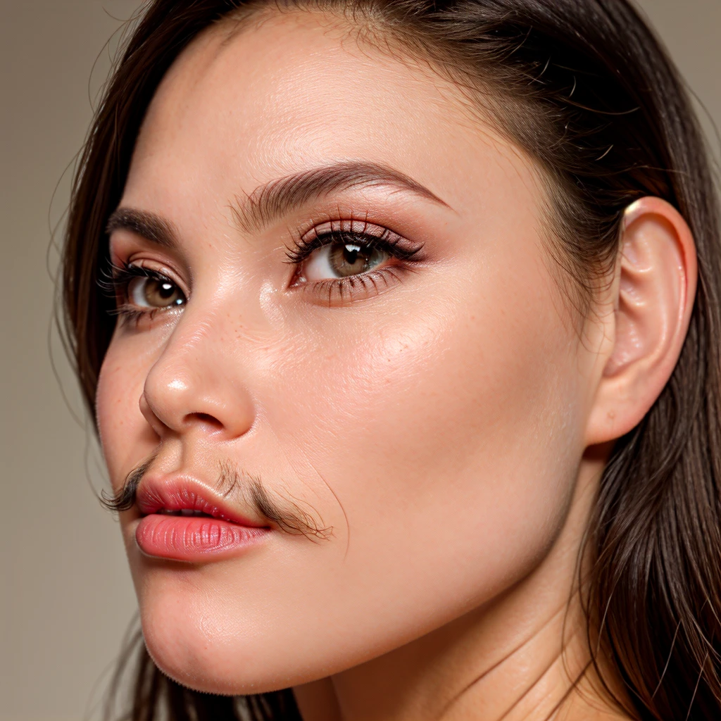 close-up image of a female face, some little hairs on her mustache, red lips.