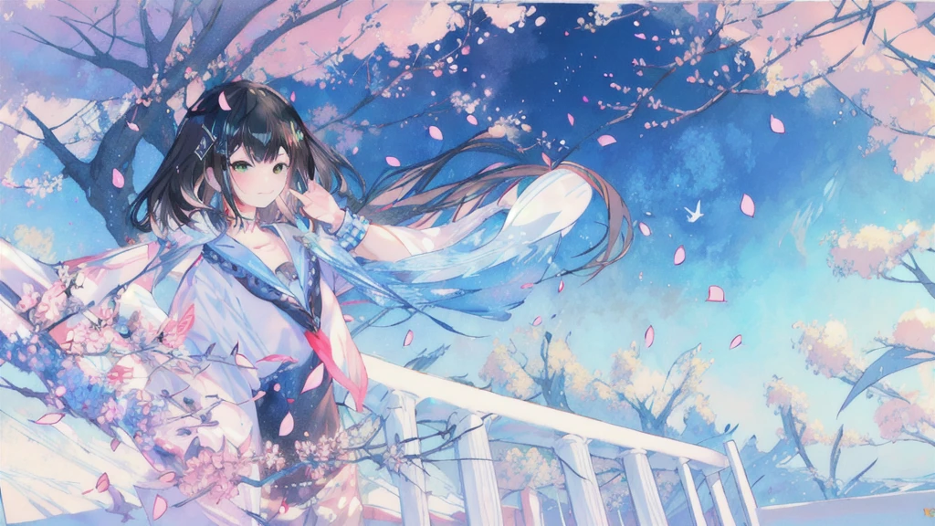 (upper_body:1.5), close, cherry_flower, Outdoor, Day, spring_\(season\), 1 Girl, smile, 一人in, 前hair, green_eye, blush, closed_mouth, looking for_in_Audience, length_hair, brown_hair, branch, eyebrow_appear_Through_hair, floining_hair,hair_between_eye, green_crew_collar, Seraphim, length_Dispel, neckerchief, pleined skirt, pink_flower, flowerびら, wood, white_shirt, Wind, handrail, null , With a guitar, whiteいハイソックスを履いてブラウンの革靴を履いている