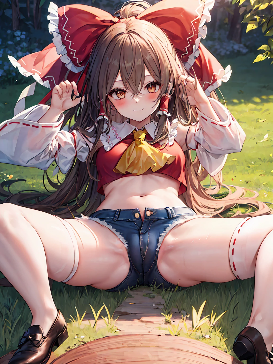 (8K, Highest quality, Highest quality, masterpiece), sit on the floor, (denim hot micro shorts), (shorts aside & vulva peek), medium breasts, ((spread legs 1:2)), (fullbody), hakurei_reimu_touhou, bow, hair_bow, hair_tubes, red_bow, brown_hair, long_hair, bangs, sidelocks, ascot, brown_eyes, frilled_bow, yellow_ascot, blush, smile, hair_between_eyes