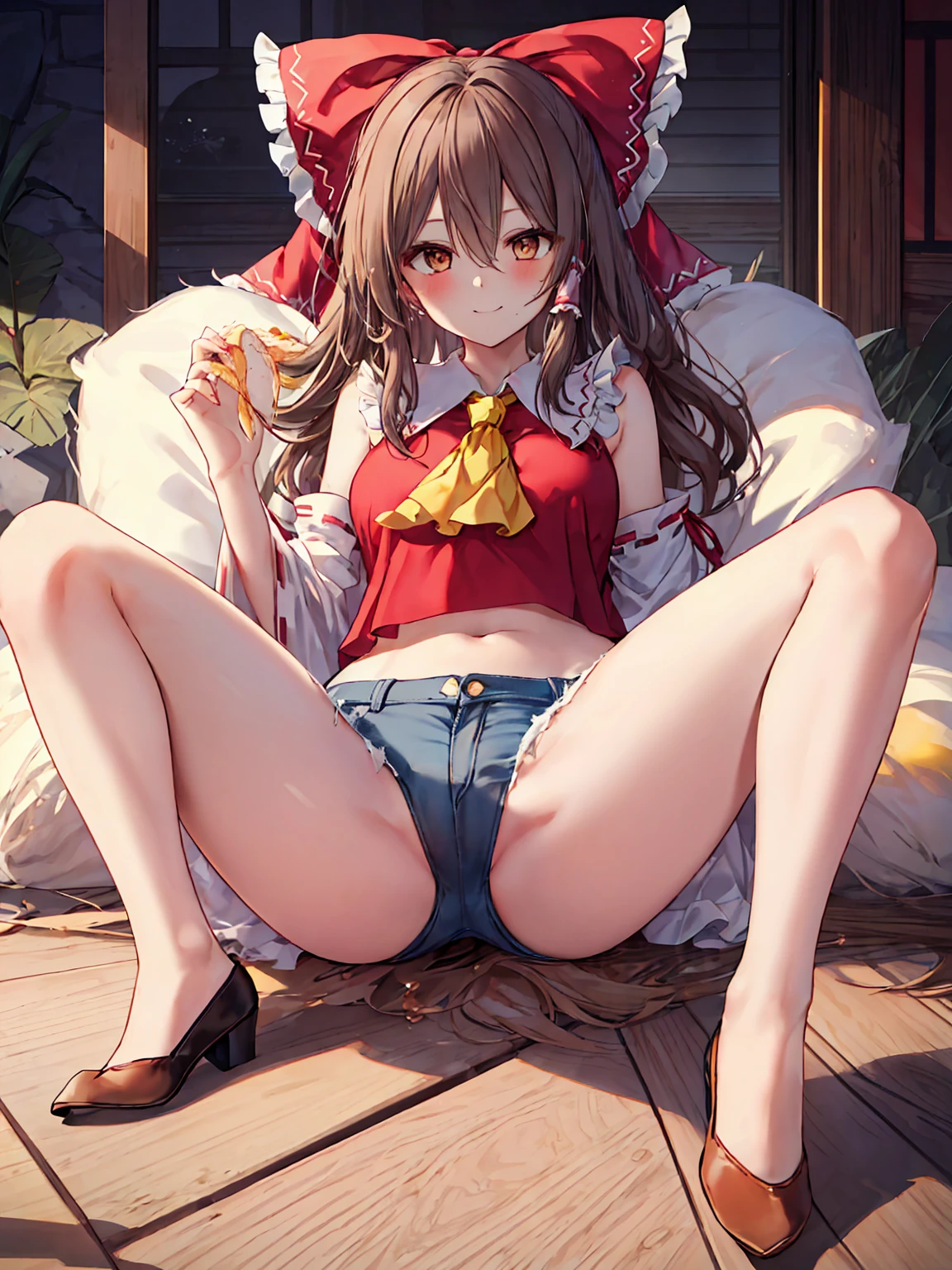 (8K, Highest quality, Highest quality, masterpiece), sit on the floor, (denim hot micro shorts), (shorts aside & vulva peek), medium breasts, ((spread legs 1:2)), (fullbody), hakurei_reimu_touhou, bow, hair_bow, hair_tubes, red_bow, brown_hair, long_hair, bangs, sidelocks, ascot, brown_eyes, frilled_bow, yellow_ascot, blush, smile, hair_between_eyes