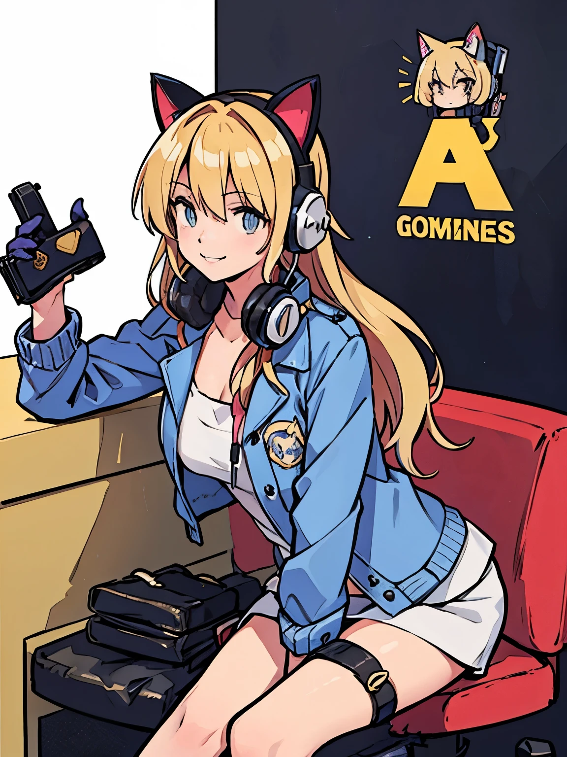 Cat ears，Beautiful girl with blond hair，With headphones，play games，Smile，With headphones，Finger part optimization