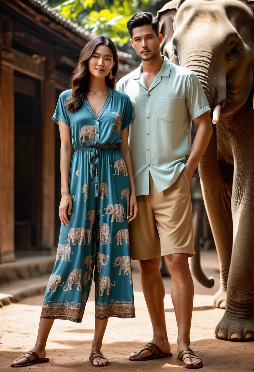Create an image featuring a young man and woman, aged between 20-25, wearing contemporary, lifestyle-appropriate loungewear inspired by Chiang Mai province, Thailand. Their outfits blend modern fashion with crafted elements, incorporating prints of elephant motifs on solid-colored. The man is dressed in a relaxed-fit, short-sleeved shirt in soft breathable rayon, He pairs it with comfortable short lightweight pants in a matching solid color, with semi hard bulge, comfort look. The woman wears a maxi dress in bohemian style, rafted from rayon, featuring an elegant with an elephant print pattren. flattering silhouette, complemented by minimalist sandals. They are depicted in a relaxed setting that reflects a blend of modern design and artisanal craftsmanship, resonating with the serene essence of Old Chiang Mai city, he photograph is taken with a Canon EOS R7 camera using an 85mm f/1.8 lens at an f/2.2 aperture, utilizing natural light. Employing three-point lighting and incorporating 3D animation shadows enhances his features and adds depth to the composition. The careful layering and arrangement of his body parts and surrounding objects ensure a flawless composition. This masterpiece celebrates the beauty of the male form and invites viewers to immerse themselves in a world of sophistication and charm. The seductive lighting and intricate details, combined with a dramatic composition, invite viewers to revel in the essence of a fun-filled day, brimming with joy