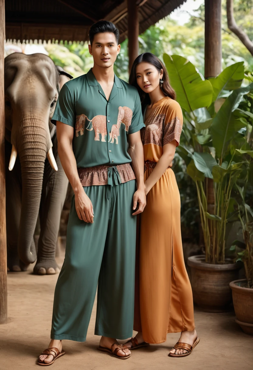 Create an image featuring a young man and woman, aged between 20-25, wearing contemporary, lifestyle-appropriate loungewear inspired by Chiang Mai province, Thailand. Their outfits blend modern fashion with crafted elements, incorporating prints of elephant motifs on solid-colored. The man is dressed in a relaxed-fit, short-sleeved shirt in soft breathable rayon, He pairs it with comfortable short lightweight pants in a matching solid color, with semi hard bulge, comfort look. The woman wears a maxi dress in bohemian style, rafted from rayon, featuring an elegant with an elephant print pattren. flattering silhouette, complemented by minimalist sandals. They are depicted in a relaxed setting that reflects a blend of modern design and artisanal craftsmanship, resonating with the serene essence of Old Chiang Mai city, he photograph is taken with a Canon EOS R7 camera using an 85mm f/1.8 lens at an f/2.2 aperture, utilizing natural light. Employing three-point lighting and incorporating 3D animation shadows enhances his features and adds depth to the composition. The careful layering and arrangement of his body parts and surrounding objects ensure a flawless composition. This masterpiece celebrates the beauty of the male form and invites viewers to immerse themselves in a world of sophistication and charm. The seductive lighting and intricate details, combined with a dramatic composition, invite viewers to revel in the essence of a fun-filled day, brimming with joy