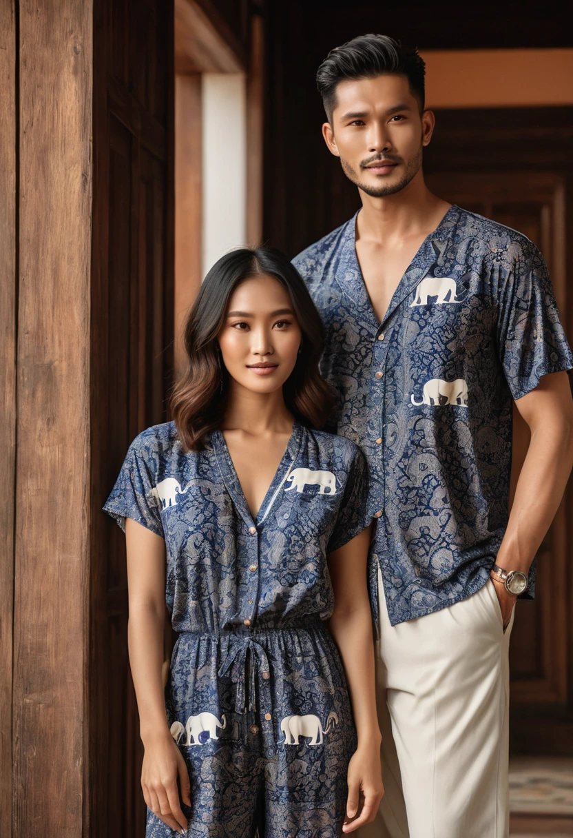 Create an image featuring a young man and woman, aged between 20-25, wearing contemporary, lifestyle-appropriate loungewear inspired by Chiang Mai province, Thailand. Their outfits blend modern fashion with crafted elements, incorporating prints of elephant motifs on solid-colored. The man is dressed in a relaxed-fit, short-sleeved shirt in soft breathable rayon, He pairs it with comfortable short lightweight pants in a matching solid color, with semi hard bulge, comfort look. The woman wears a maxi dress in bohemian style, rafted from rayon, featuring an elegant with an elephant print pattren. flattering silhouette, complemented by minimalist sandals. They are depicted in a relaxed setting that reflects a blend of modern design and artisanal craftsmanship, resonating with the serene essence of Old Chiang Mai city, he photograph is taken with a Canon EOS R7 camera using an 85mm f/1.8 lens at an f/2.2 aperture, utilizing natural light. Employing three-point lighting and incorporating 3D animation shadows enhances his features and adds depth to the composition. The careful layering and arrangement of his body parts and surrounding objects ensure a flawless composition. This masterpiece celebrates the beauty of the male form and invites viewers to immerse themselves in a world of sophistication and charm. The seductive lighting and intricate details, combined with a dramatic composition, invite viewers to revel in the essence of a fun-filled day, brimming with joy