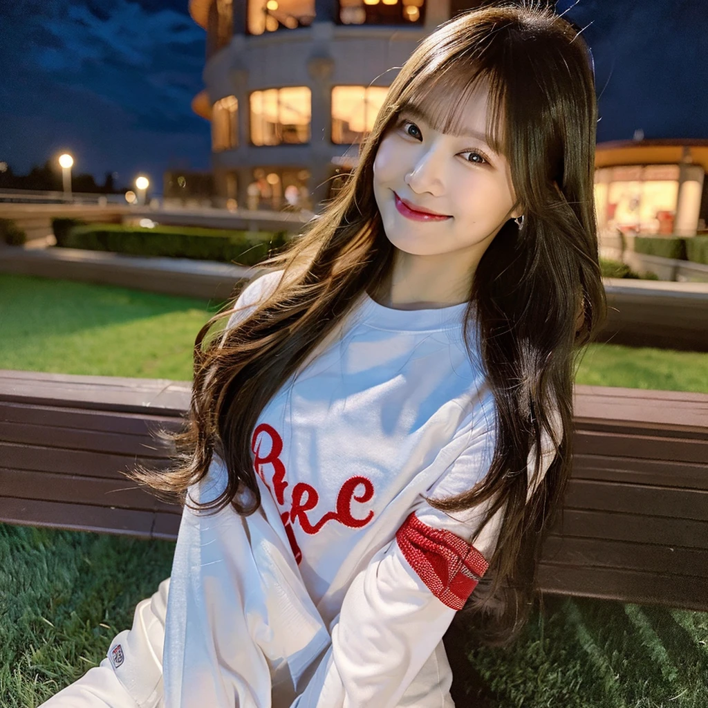 (8K, RAW Photos, Highest quality, masterpiece:1.2), (Realistic, photo-Realistic:1.37), Super detailed,Long Hair 1 Girl,cute, alone,Beautifully detailed skies,Detailed Cafe,night,Sitting,Date、A tight fitting T-shirt,(Red nose),(smile:1.1),(Mouth closed),Big Tits, seductive smile, Large opening, Professional Lighting, Sony A7R4, Zesse 50mm F1.8,