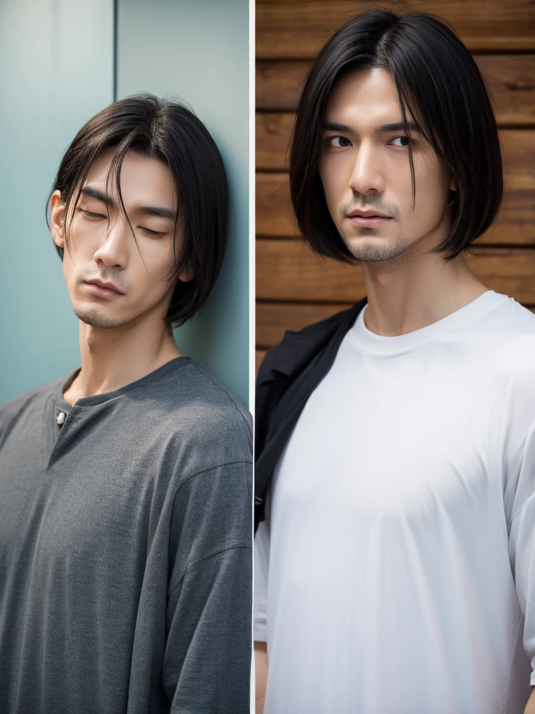 male, middle-aged, man, emaciated, pale skin, jacket, plain t-shirt, scrawny, tall, jitome, sanpaku, eyes half-closed, black eyes, black hair, center part,long bob, looking at viewer, frowning, puzzled, japanese, stubble, hooked nose, dry skin, hollow cheek, long face,