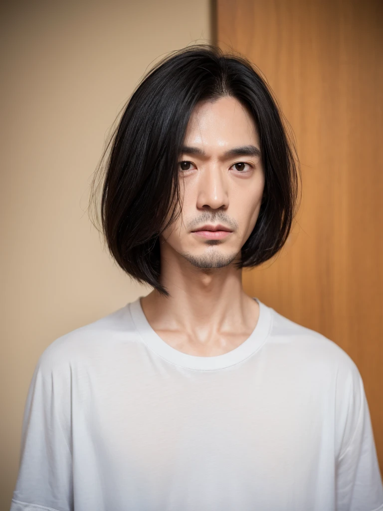 male, middle-aged, man, emaciated, pale skin, jacket, plain t-shirt, scrawny, tall, jitome, sanpaku, eyes half-closed, black eyes, black hair, center part,long bob, looking at viewer, frowning, puzzled, japanese, stubble, hooked nose, dry skin, hollow cheek, long face,