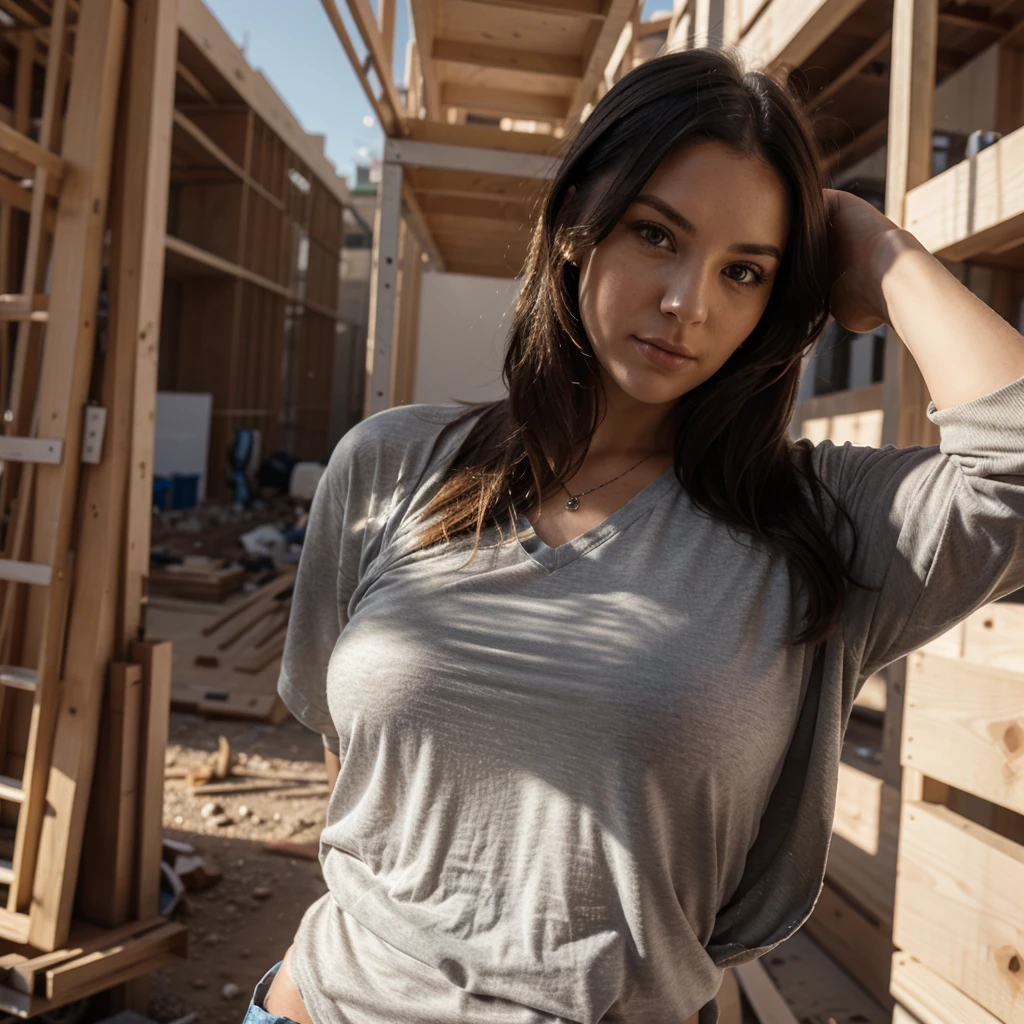 1girl in, 30 years old, Square face, Long hair, Looking at the viewer, jewelry, Reality, y, sexonstruction worker, construction site, free posing