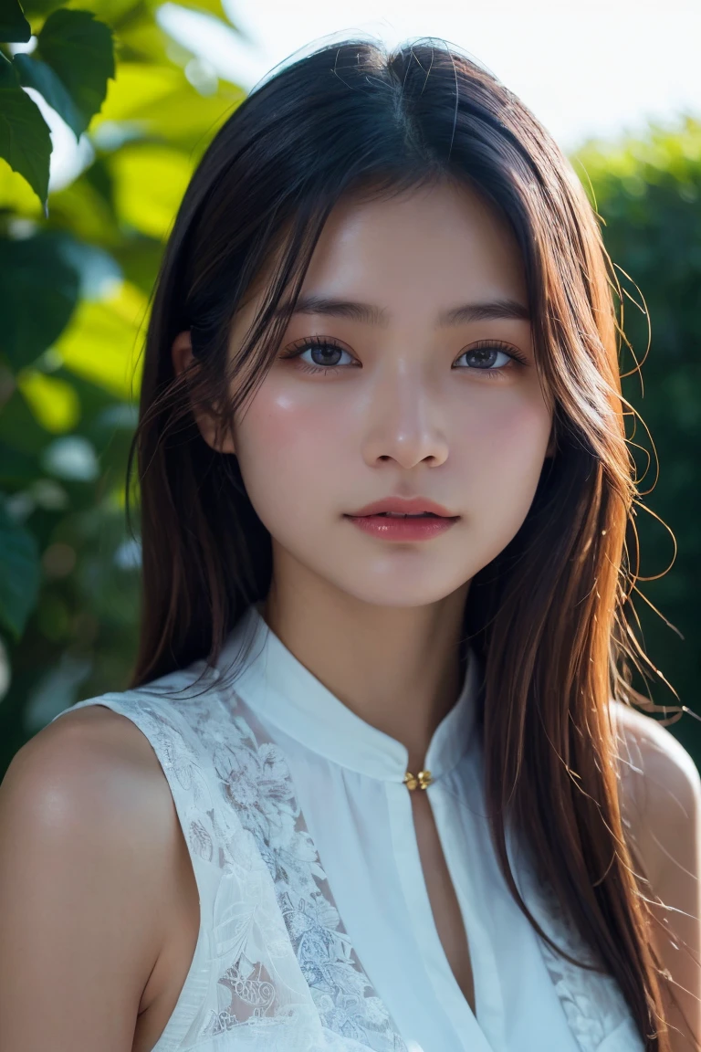 A highly detailed, photorealistic portrait of a beautiful young Asian woman with smooth skin, large expressive eyes, and natural makeup. She is surrounded by lush hydrangea bushes, with soft lighting and a shallow depth of field. The background is slightly blurred to emphasize her face. The image should capture her serene and gentle expression, with a focus on her delicate features and the natural beauty of the scene. High resolution, 8K, ultra-detailed, masterpiece, best quality. ((China dress))、((Upper Body:1.3))