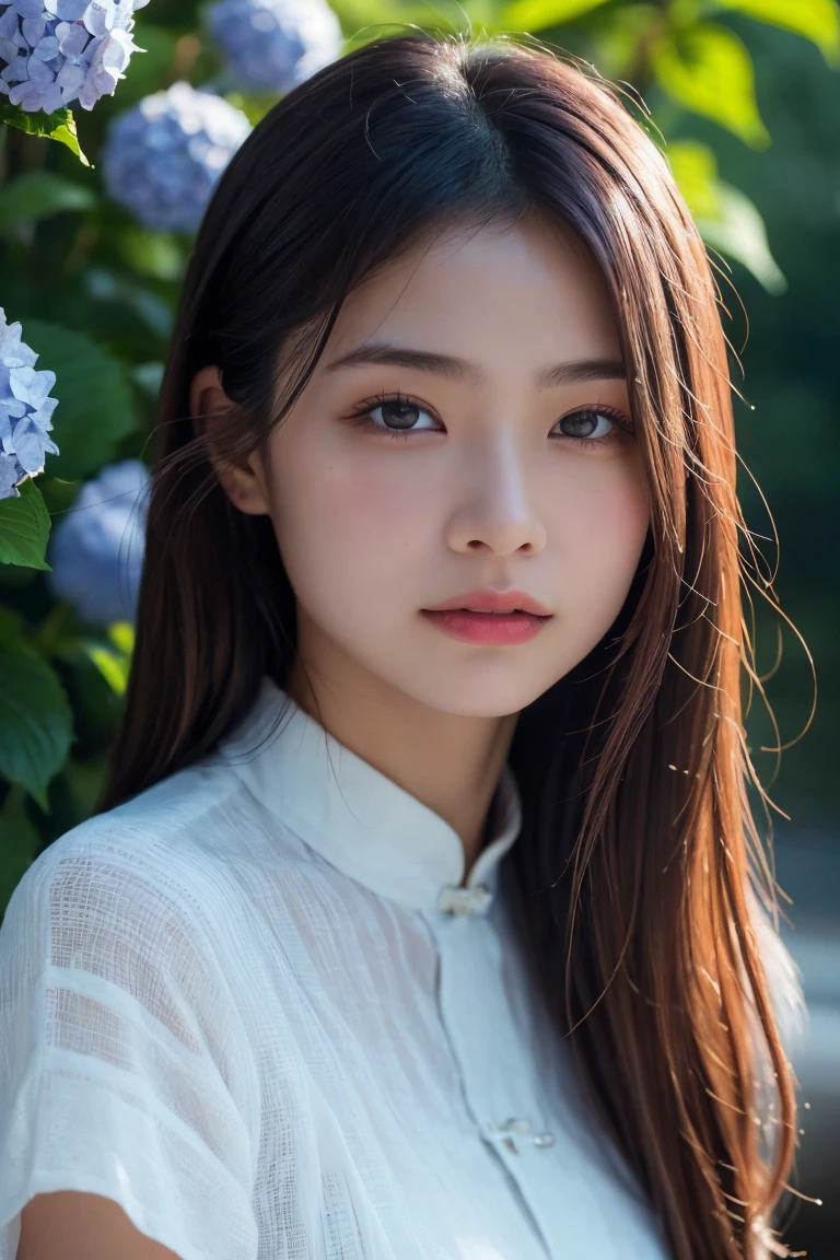 A highly detailed, photorealistic portrait of a beautiful young Asian woman with smooth skin, large expressive eyes, and natural makeup. She is surrounded by lush hydrangea bushes, with soft lighting and a shallow depth of field. The background is slightly blurred to emphasize her face. The image should capture her serene and gentle expression, with a focus on her delicate features and the natural beauty of the scene. High resolution, 8K, ultra-detailed, masterpiece, best quality. ((China dress))、((Upper Body:1.3))