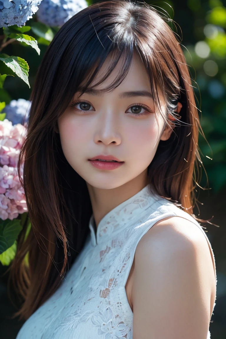 A highly detailed, photorealistic portrait of a beautiful young Asian woman with smooth skin, large expressive eyes, and natural makeup. She is surrounded by lush hydrangea bushes, with soft lighting and a shallow depth of field. The background is slightly blurred to emphasize her face. The image should capture her serene and gentle expression, with a focus on her delicate features and the natural beauty of the scene. High resolution, 8K, ultra-detailed, masterpiece, best quality. ((China dress))、((Upper Body:1.3))