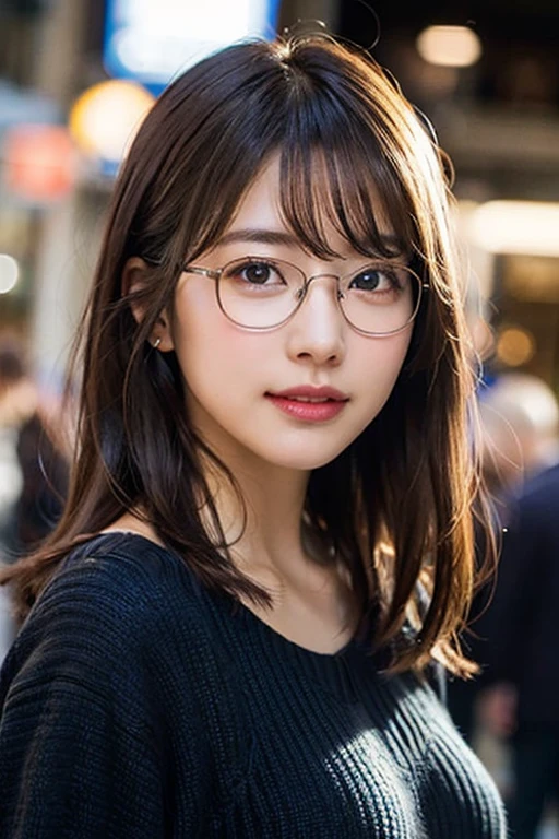 (8K、Raw photo、Highest quality、masterpiece:1.2)、(Realistic、Photorealistic:1.37)、Ultra-detailed、Ultra-high resolution、1 girl、Seeing the viewer、Beautifully detailed face、Laughter、narrow、(Slim waist) :1.3)、Beautifully detailed skin、Skin Texture、Floating Hair、Professional Lighting、In the rainy city、Hair and clothes are slightly wet、Black-rimmed square glasses、Human whole body、Brown Hair、Large Breasts