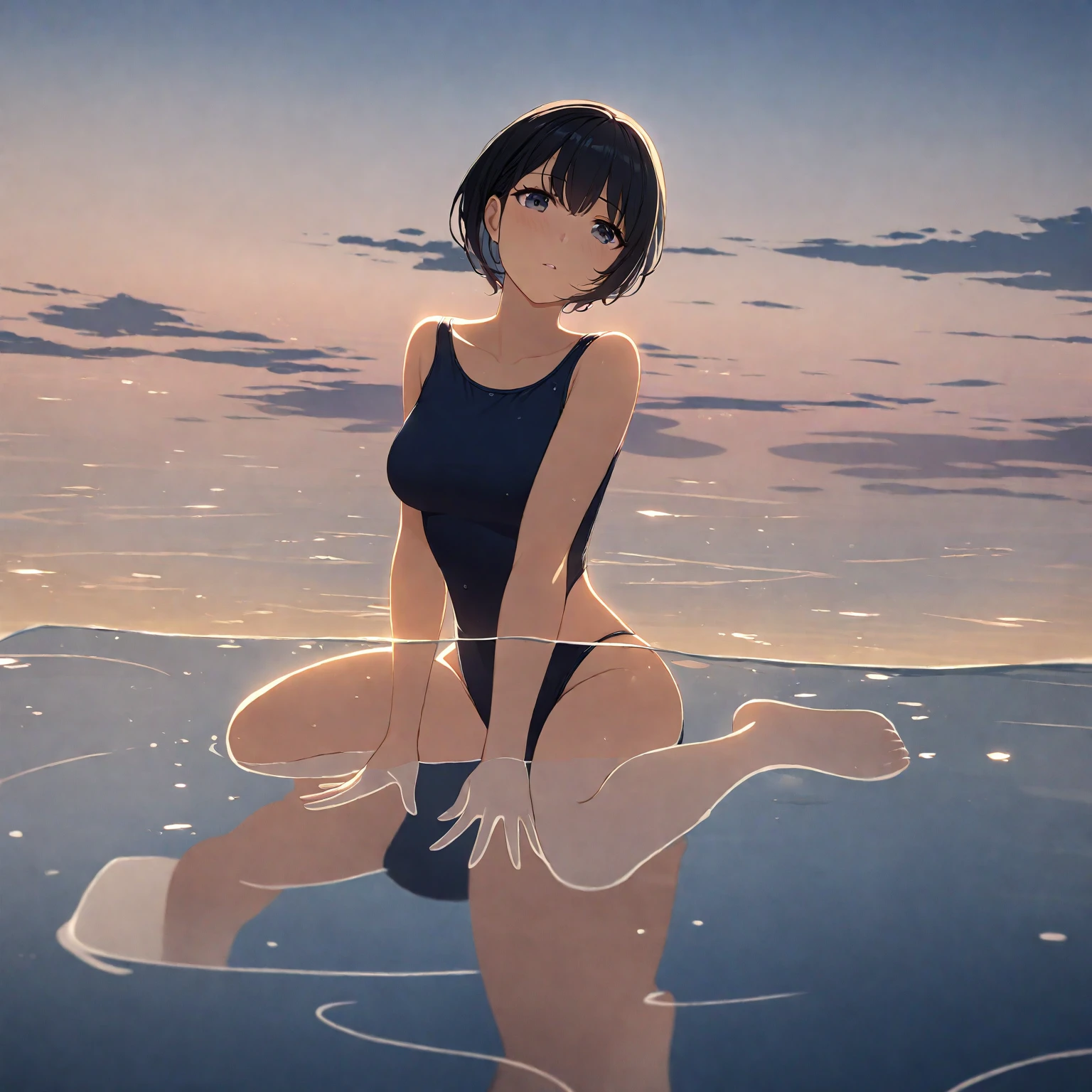 1girl、afloat、Black Hair、Navy blue swimsuit、Ocean、evening、Reflection on the water、deep faint light 、 detailed CG、high resolution