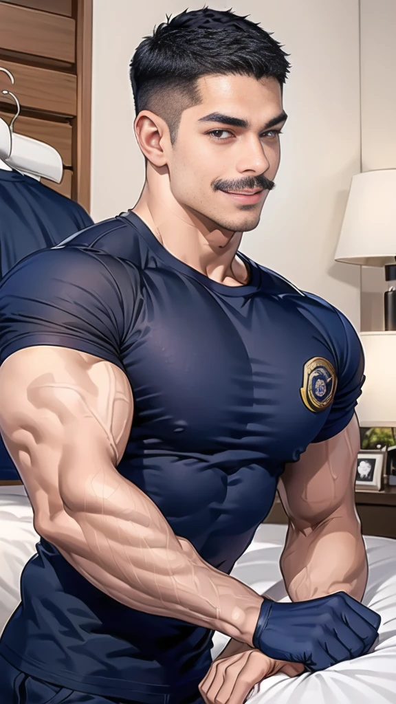 (handsome Man),(Thin mustache:1.1),(crew cut short hair:1.5),black eye,
(navy blue tight-fitting round neck short sleeve T-shirt:1.3),(Police badge:1.3),navy blue cargo pants,(navy_gloves:1,3),
Korean guy,chest muscles,large arm muscles,blood vessel,Big muscles,Broad shoulders,(open mouth:1.2),(face up:1.2),(open eyes:1.5),middle of the road,smile,(bedroom:1.4)