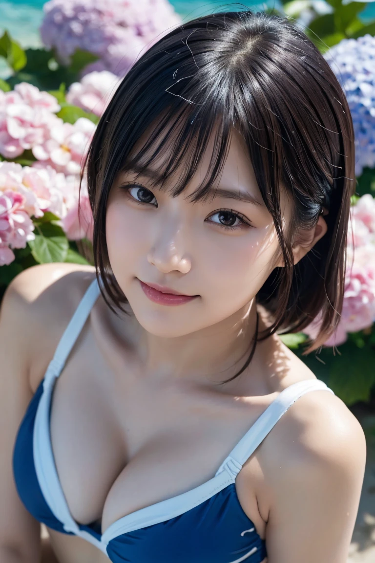 ((スポーツSwimwear:1.3)), Swimwear,A close-up, photorealistic portrait of a young Asian woman with smooth skin, large eyes, and a gentle smile. She is standing in front of a blurred background of hydrangea flowers. High detail, 8k resolution, ultra-detailed, masterpiece. ((Upward glance)), ((angle From above: 1. 3)), From above, Looking into the camera,