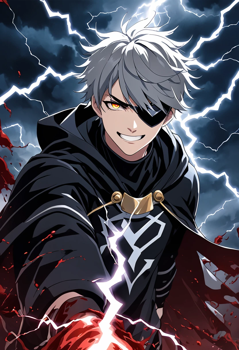 a man, young 20 years old, cold eyes, fierce and crazy smile, white teeth, short and messy gray hair, ponytail, left eye patch, black clothes, dark cape with hood, chains. front camera, walking forward in a sea of blood. White lightning in the right hand, black lightning in the left hand. Right eye shining in a white ray. Thunderous lightning