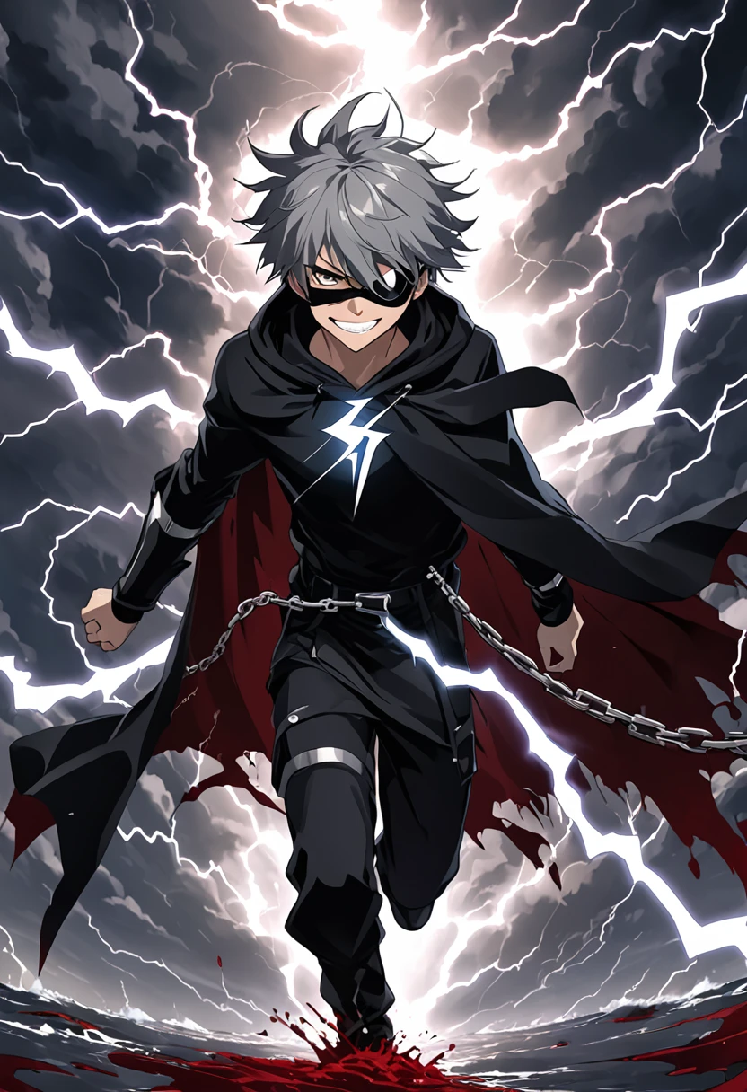 a man, young 20 years old, cold eyes, fierce and crazy smile, white teeth, short and messy gray hair, ponytail, left eye patch, black clothes, dark cape with hood, chains. front camera, walking forward in a sea of ​​blood. White lightning in the right hand, black lightning in the left hand. Right eye shining in a white ray. Thunderous lightning