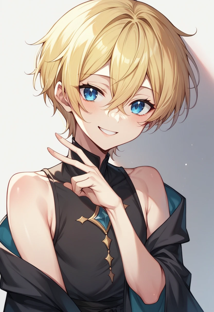 (One girl)、((short hair))、((Blonde))、(Sato Air)、((boyish))、((Dairy-free))、Crossdresser、Blue Eyes、Black Robe、Black sleeveless、((hairs between eyes))、smile