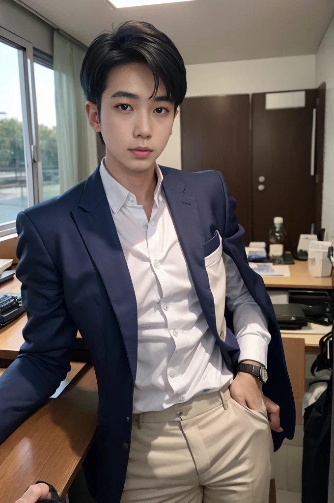 New employee, very handsome, 20 years old.、　（A really cool S-class guy in a suit.）、　เด็กชายJapanอายุ 20 ปี、　businessman、　Luxurious suit、　brown suit、　office、　Standing in a suitＳHandsome young man、　full body photo、　（ภาพถ่ายที่มีรายละเอียดhighของ CG Unity 8K）、　（มีรายละเอียดhighＳhandsome man in class）、　（Real photos）、　　（（คุณภาพhighสุด））、　very detailed、　（Masterpiece）、　คุณภาพของภาพที่highเป็นพิเศษ、　high、　viewer、　gentle man、　I'm beautiful.、　short hair、　Vivid photos、　Handsome like a model、　Handsome like an idol、　Luxury watches、　Cold Belt、　Japan