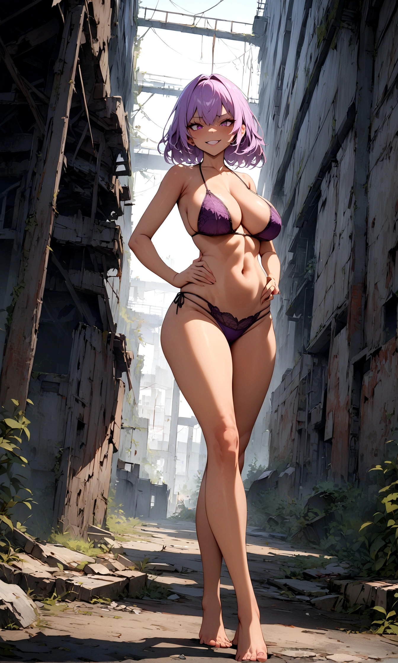 Masterpiece, best quality, Masterpiece, best quality, 1 woman, Tanned skin , Long Lilac Hair , evil face , smile , purple lace bikini  , big breasts ,  , abdomen , Long legs , Put your hands on your hips... , Barefoot , full body , abandoned factory ,