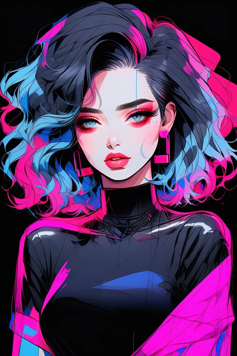 (Highest quality, sketch:1.2),Realistic,Illustrator,anime,1 Girl, Detailed lips, Black Dress,custom, (Background dark monochrome),Neon Hair,Texture Cropping, masterpiece, Style: Retro Classic, Dark Black, art, sketch book, (Bob Hair Black:1.75 Neon:1.32), bad woman , Dark monochrome background 