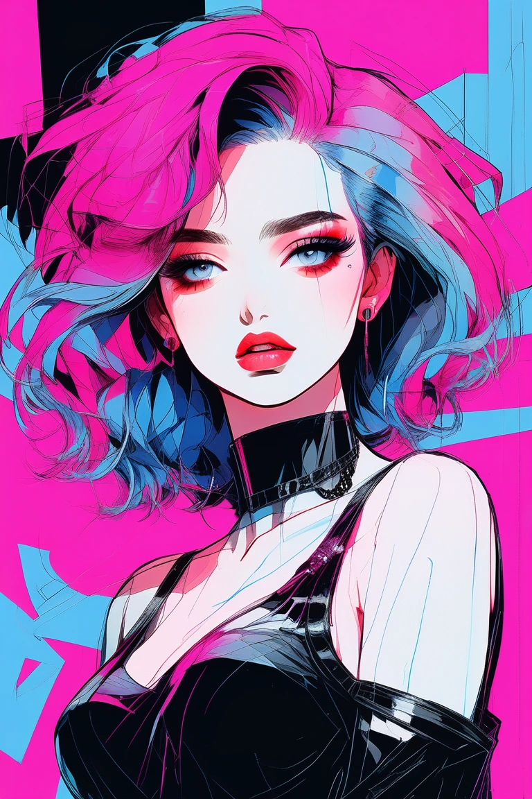 Illustrator, アニメ , Realistic ,sketch , 1 person, model, Portraiture, lip, She is wearing a strapless, lace-filled corset-like bodysuit, Wearing black lace gloves, Order, Blue and pink gradient background, Neon colored hair, Big Breasts, Sexy look, Sexy pose, Texture Trim, Russia, (masterpiece,Highest quality)