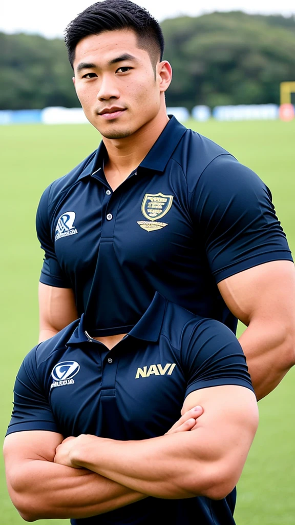 Picture of a handsome Asian rugby player with short hair, no beard, muscular body, big muscles, wearing a navy blue and black shirt, standing in the middle of the field.