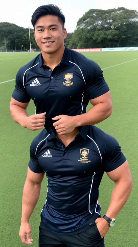 Picture of a handsome Asian rugby player with short hair, no beard, muscular body, big muscles, wearing a navy blue and black shirt, standing in the middle of the field.