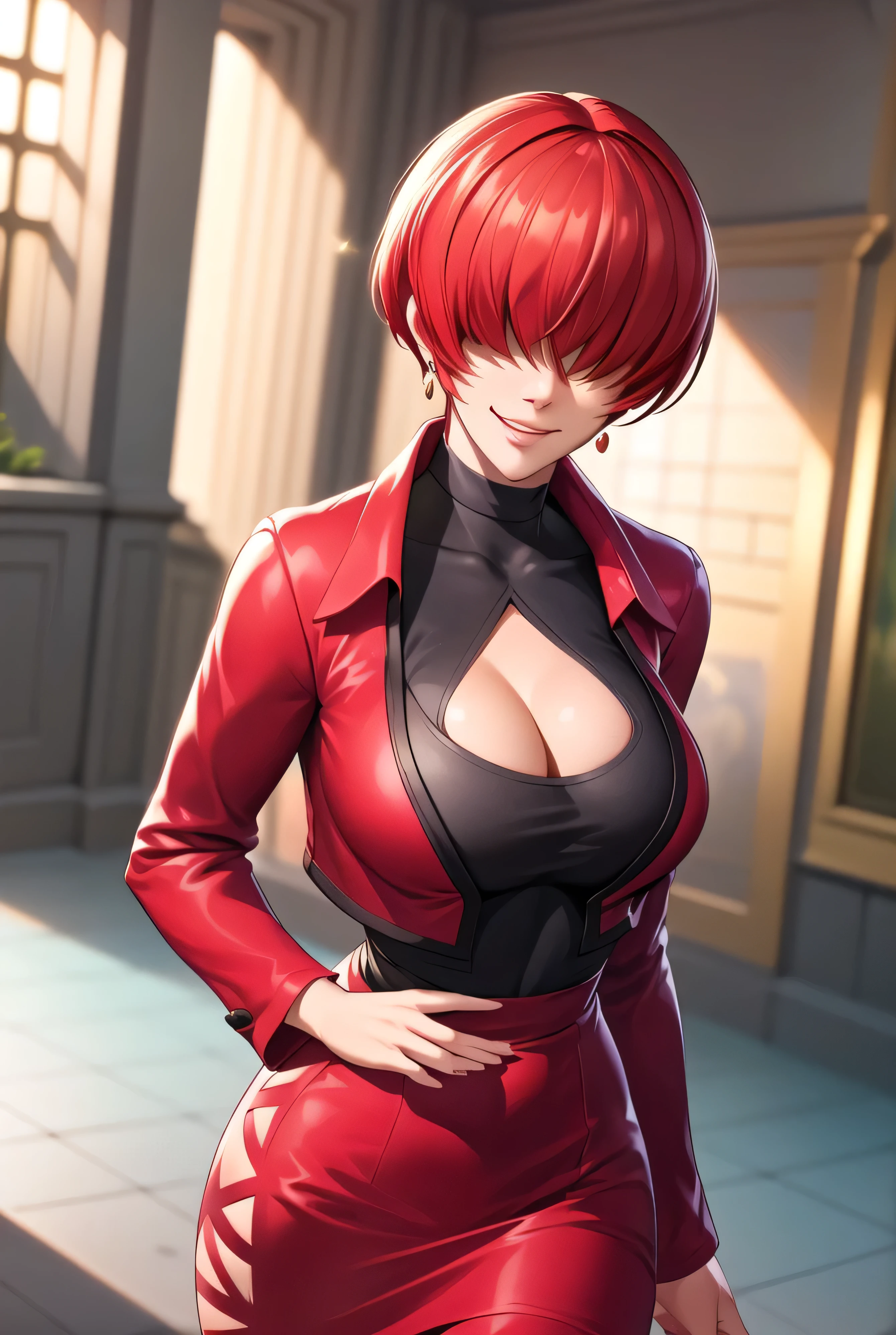 ,
Red outfit,Red jacket,choker, cleavage cutout, clothing cutout,
earrings,
Red hair,bangs,((hair over eyes)),
1 girl, 20yo,Young female,Beautiful Finger,Beautiful long legs,Beautiful body,Beautiful Nose,Beautiful character design, evil face,
looking down at viewer,(Focus on her face),too evil_Smile,
official art,extremely detailed CG unity 8k wallpaper, perfect lighting,Colorful, Bright_Front_face_Lighting,shiny skin,
(masterpiece:1.0),(best_quality:1.0), ultra high res,4K,ultra-detailed,
photography, 8K, HDR, highres, absurdres:1.2, Kodak portra 400, film grain, , bokeh:1.2, lens flare, (vibrant_color:1.2),professional photograph,
(Beautiful,large_Breasts:1.4), (beautiful_face:1.5),(narrow_waist),conceit,smile worst,worst ridecule,evil moukery,hand on hip,upper body,two hand,