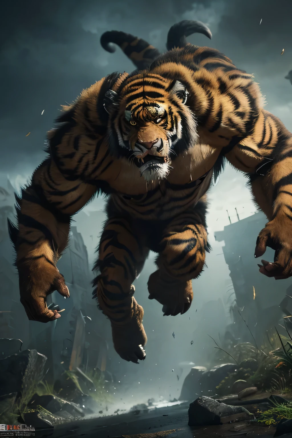 A fearsome fusion of a tiger and a gorilla, creating a monster-like creature. The misty background with falling leaves adds an eerie atmosphere. The creature looks incredibly realistic, running at high speed with powerful and agile movements. Stylish and fierce design, with pronounced muscles, sharp claws, and an intense expression, emphasizing its strength and ferocity. Highly detailed and lifelike scene、毛の色はオレンジ色