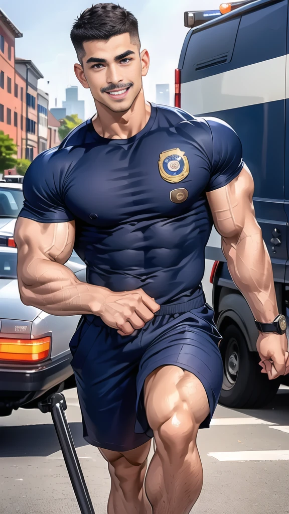 (handsome Man),(Thin mustache:1.1),(crew cut short hair:1.5),black eye, (navy blue tight-fitting round neck short sleeve T-shirt:1.3),(Police badge:1.3),navy blue cargo pants,(navy_gloves:1,3), Korean guy,chest muscles,large arm muscles,blood vessel,Big muscles,Broad shoulders,(open mouth:1.2),(face up:1.2),(open eyes:1.5),middle of the road,smile,(City town:1.4)