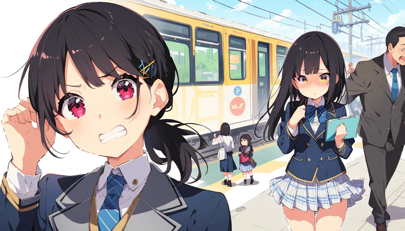 A girl with short black hair and small breasts in a blazer uniform is crying in disgust after a molester touches her pubic mound over her panties on a train