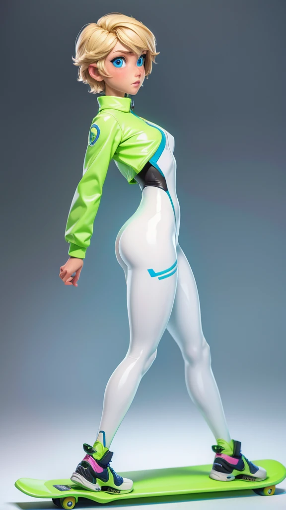 1girl, solo, white background, wattson, masterpiece, highly detailed, blue eyes, blonde hair, short hair, Fluorescent green jacket, Rubber Gloss, white rubber skinsuit, Yellow skateboard shoes, white pants, blush, plain background, back turned
