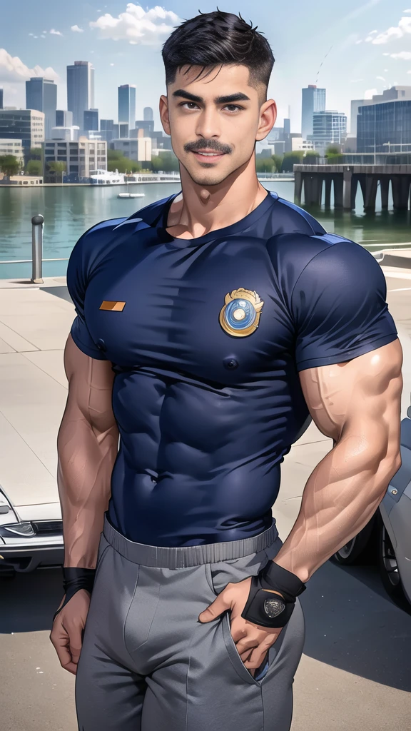 (handsome Man),(Thin mustache:1.1),(crew cut short hair:1.5),black eye, (navy blue tight-fitting round neck short sleeve T-shirt:1.3),(Police badge:1.3),navy blue cargo pants,(navy_gloves:1,3), Korean guy,chest muscles,large arm muscles,blood vessel,Big muscles,Broad shoulders,(open mouth:1.2),(face up:1.2),(open eyes:1.5),middle of the road,smile,(City town:1.4)