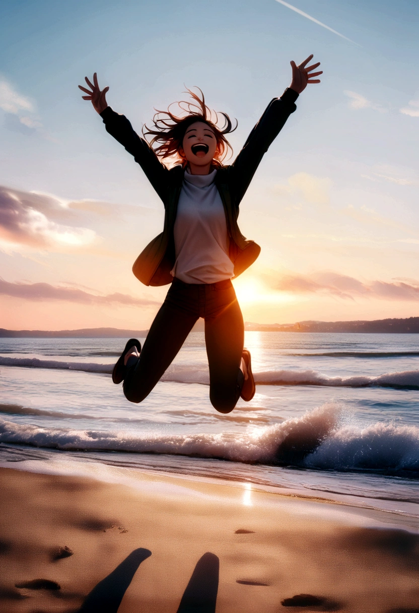 A person celebrating, jumping for joy in a beautiful setting, such as a park or a beach, representing the feeling of security and happiness from successful financial decisions.