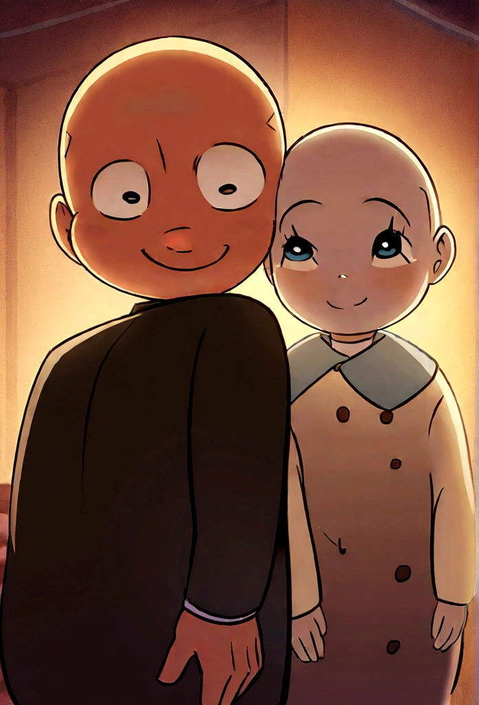 An illustration of an adorable couple, highlighting a man and a woman with beautiful, Expressive eyes – the man's skin is black and the man's hair is bald and black, while the woman's skin is black and the woman's hair is curly and brown. They are a bright room, each with a smile on their face, and share a special moment characterized by love, rice, and educational insights. Illustrate this scene from a perspective where they have their back to the camera, Showing Your Connection. Develop this art in Full HD, Focus on your cinematic flair, Estilo Disney Pixar Animations
