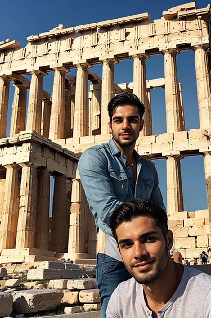 I want a modern man who is in front of the Parthenon in Athens