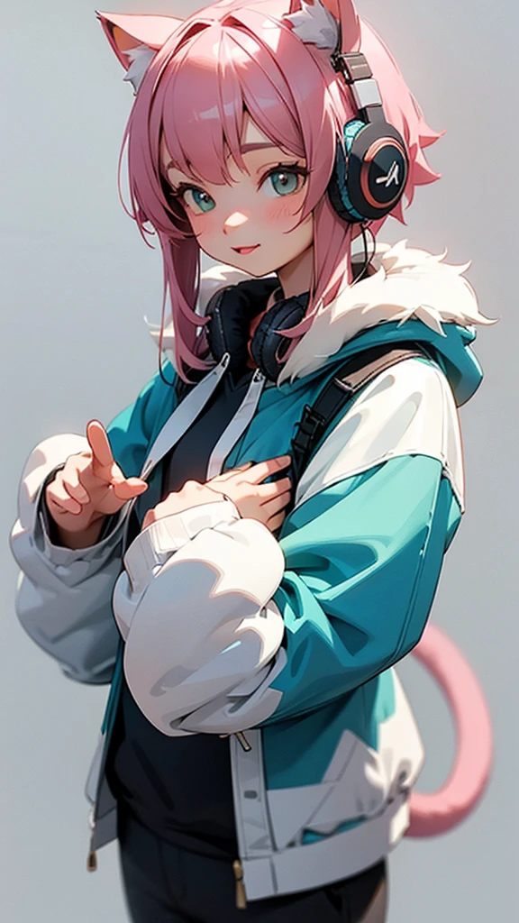 Cute cat with fluffy fur wearing one hoodie and headphones, The background is modern and inorganic, Adorable digital painting, 3D Rendering, Bright lighting, Vibrant colors,