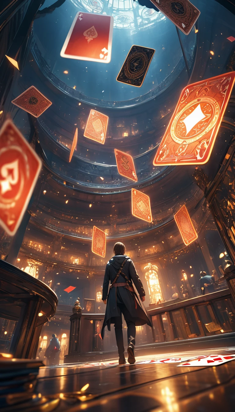 floating card tricks, dark fantasy, cinematic lighting, dramatic perspective, intricate details, moody atmosphere, rich colors, masterpiece, photorealistic, highly detailed, 8k, HDR