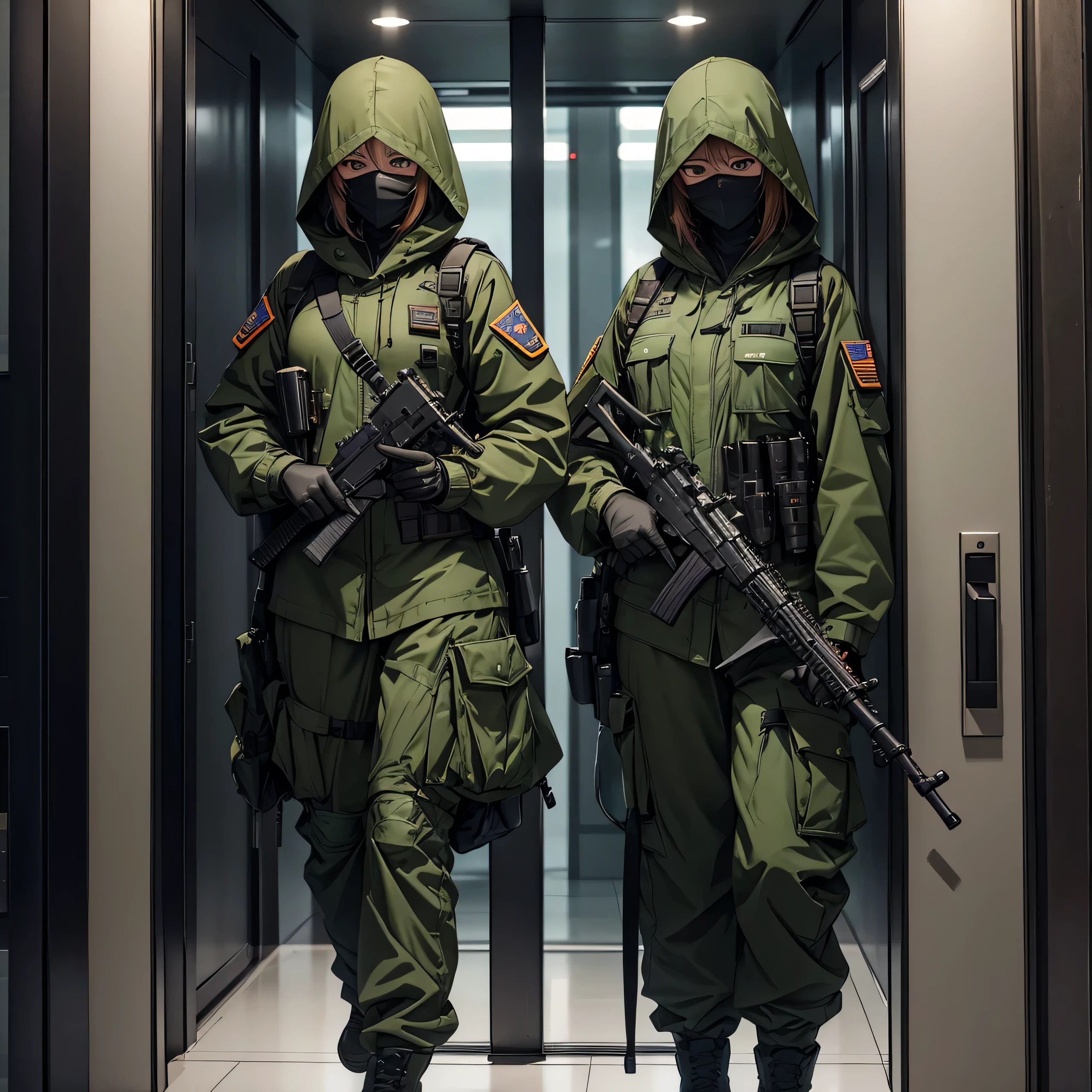 Two female soldiers dressed in the same way are guarding the elevator,Dark green M-51 hooded combat uniform,Hooded on head,With a submachine gun in his hand、Tactical harness、Magazine Pouch、Knee pads、Tactical Holster,Most visible above the thigh、Best quality、Very detailed、8K
