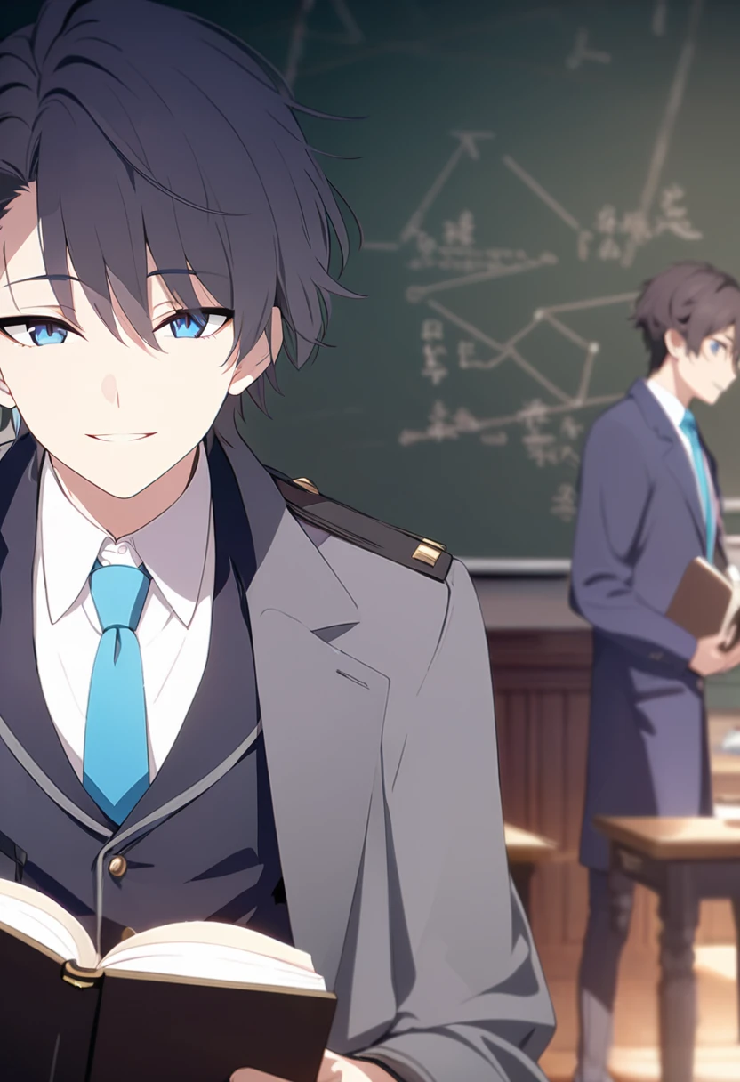 masterpiece,best quality,depth of field,8K,looking at the viewer,dark gray hair,blue eyes,man,gray long coat,in front of the blackboard,alone,holding an open book,smiling,male,(charismatic eyes 1;1),wseifuku,necktie,