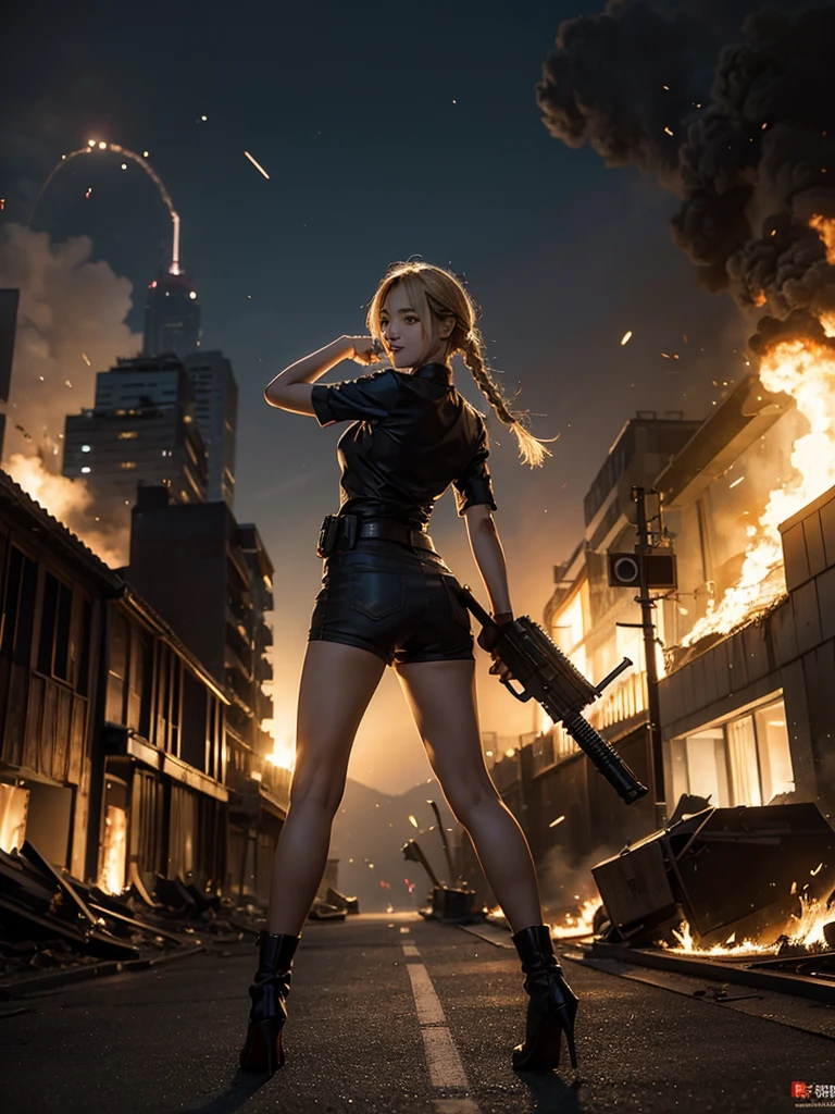 (Top quality,Ultra HD,Lifelike:1.4)(Cowboy Shooter 1),Beautiful armed girl,(K-pop idol),Detailed face,opposition,Perfect anatomy,Smooth skin,Professional lighting,(穿着红色带有fire焰图案的超短连衣裙,Red high heels,blond,Close-up of two short braids),Victory in battle,Victorious smile(background,Destroyed buildings,fire,(Huge explosion)),Turn your back to the audience,Full body close-up,(Possession of weapons,持有步gun,Purpose,Purpose,Purpose:1.2),gun,H&k hk416,马gun,fire