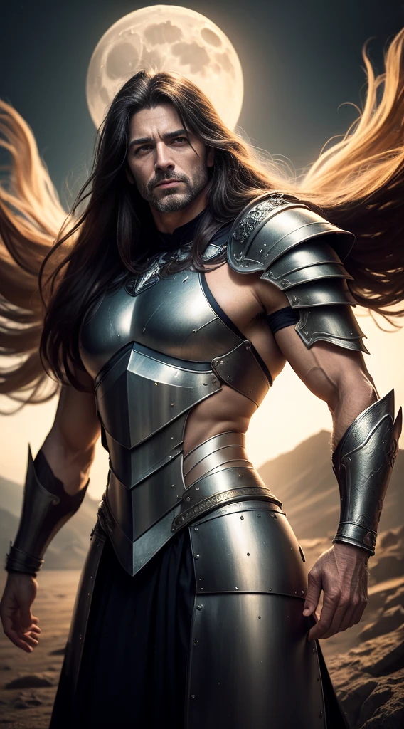 Mature man, Muscular and long haired, Wearing battle armor,, Moon Background, Surreal, Fantasy, Magic, Intricate details, Elevation, (Dynamic upper body posture: 1.1), Dramatic lighting,  Depth of written boundary. Highest quality, masterpiece, Ultra-high resolution, (Anime Realism, Realistic: 1.4), Perfect composition, Centered, Symmetric