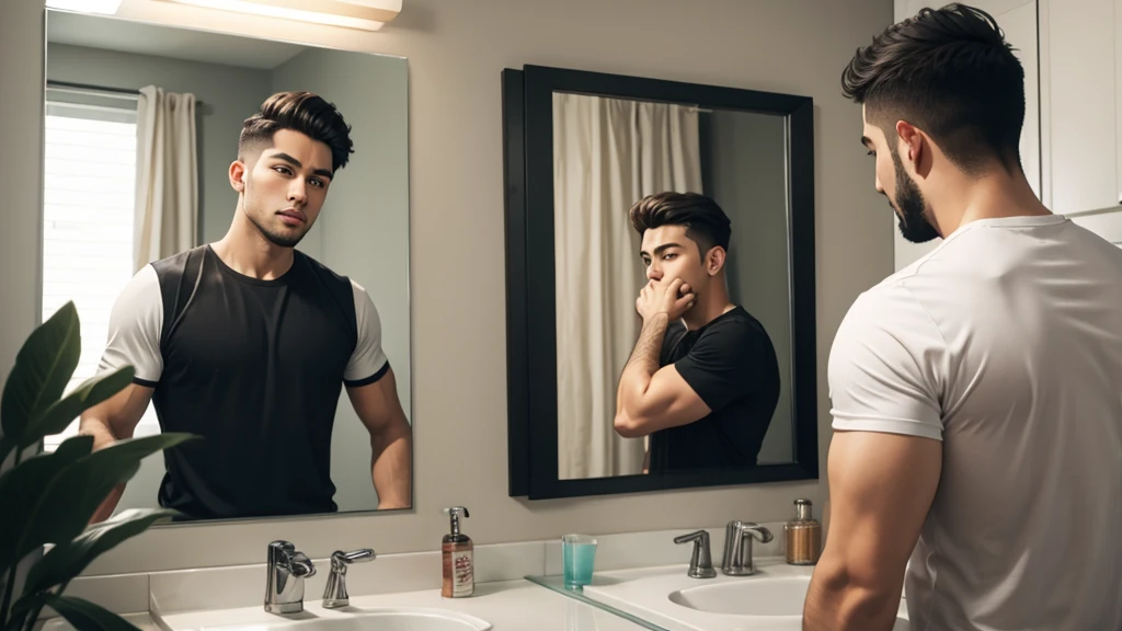A young man looks at his fat arms in the mirror while worried and nervous.