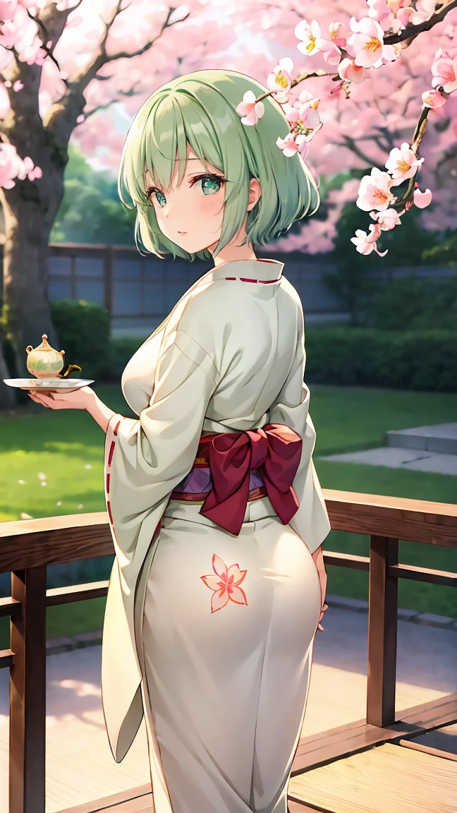 Girl with short green hair, Small breasts, Green Eyes, White Casual Wear Beauty Special、(((Peachy Butt))),Full body photo from head to toe、Kimono、Patterned Japanese clothing、Cherry tree in full bloom、Fluttering petals、Tea Ceremony、Graceful Manners、Tea party、Chatting in a Japanese-style room