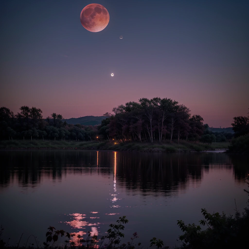 lunar eclipse and the sky was purple there was a lake with vegetation around it and the moon looked a little red