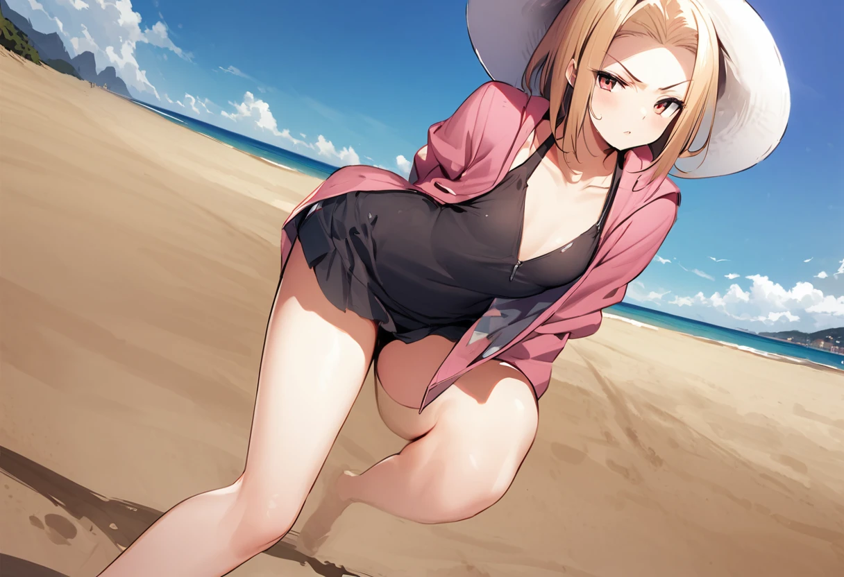 looking back at viewer、tideland、Covered in mud、Tiny thimps、Thighs、Girl、Girl、Younger、Baby Face、flat chest、forehead、Butt、Dynamic Angle、Seaside、Sandy Beach、Glaring、sunlight、Both eyes open、Sun hat