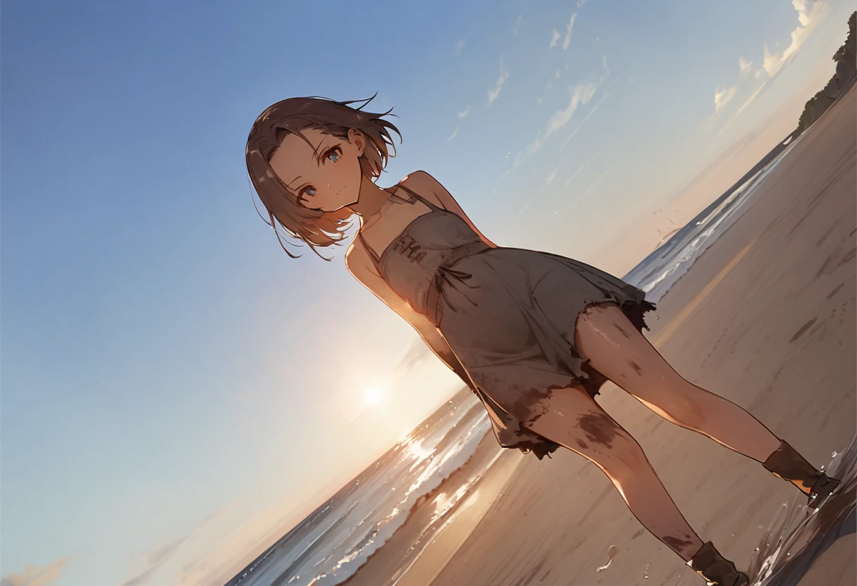 looking back at viewer、tideland、Covered in mud、Tiny thimps、Thighs、Girl、Girl、Younger、Baby Face、flat chest、forehead、Butt、Dynamic Angle、Seaside、Sandy Beach、Glaring、sunlight、Both eyes open、Sun hat
